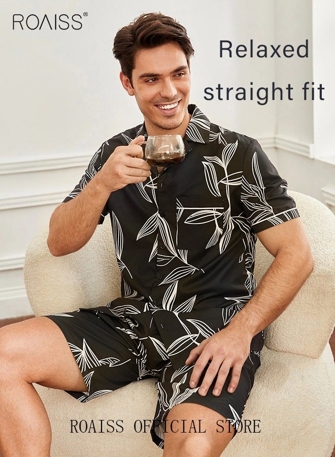 roaiss Plus Size Men's 2 PCS Pajama Set, Leaf Print Ice Silk Sleepwear Set,  Loose Button Placket Short Sleeve Top and Elastic Waist Shorts,  Cooling  Breathable Lightweight Polyester Blend Loungewear Set, Cozy Casual Nightwear for Spring Summer, Black - Image 3